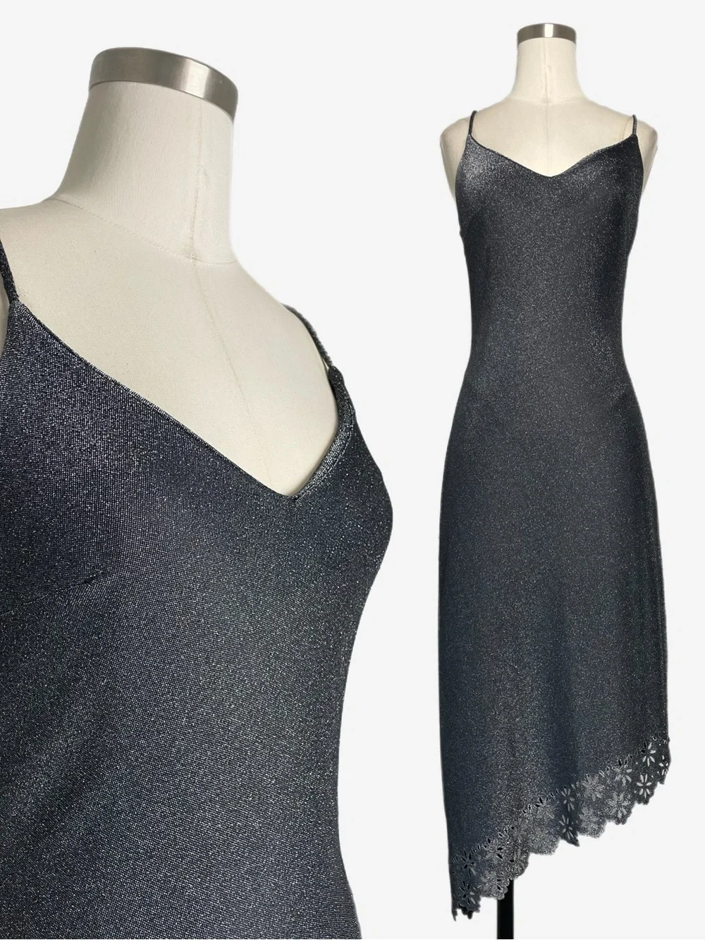 Vintage Y2K Rampage Silver metallic floral laser cut asymmetric slip dress S/M